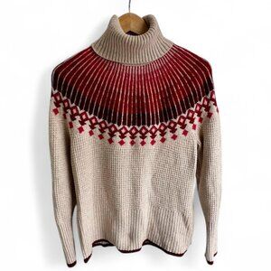 LL Bean Women’s Oatmeal Heather Fair Isle Turtleneck Sweater - Size Medium